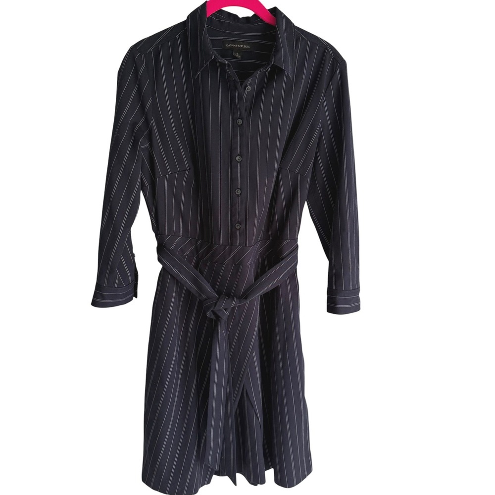BANANA REPUBLIC Navy Pinstripe Tie-Waist Shirt Long Sleeve Dress, 6